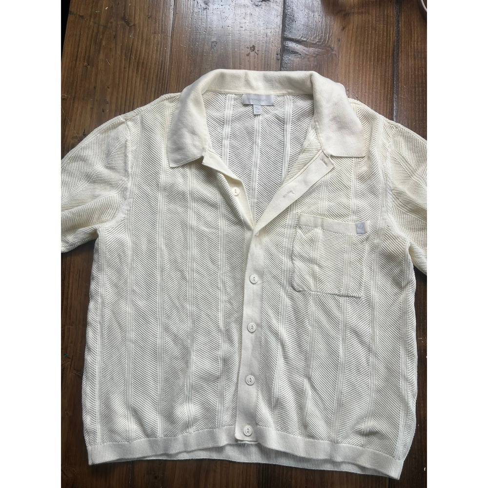 Standard Cloth Mens Knit Button Down Polo Shirt Ivory Textured Chevron Medium